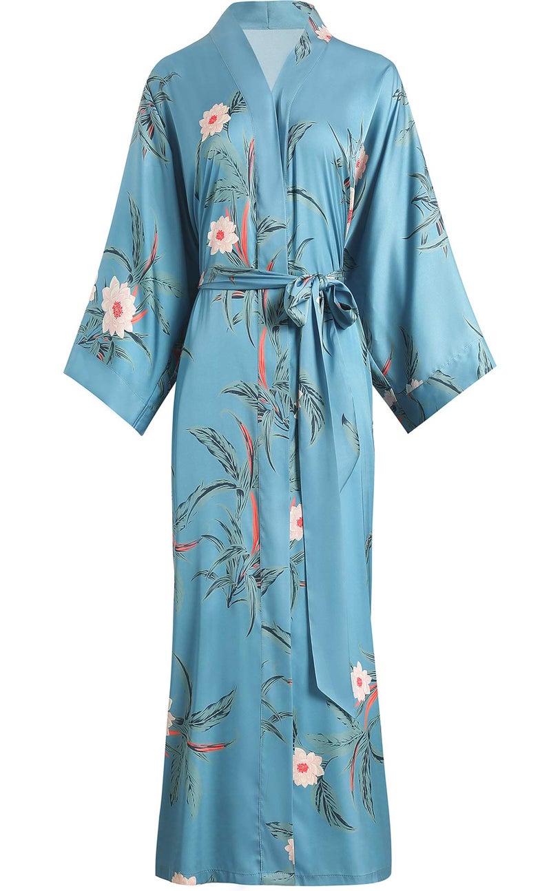 Aensso long soft silk y kimono robes for women,floral lightweight bridal bridesmaid robe for wedding party-Blue - Image 1