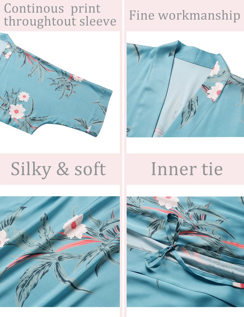 Aensso long soft silk y kimono robes for women,floral lightweight bridal bridesmaid robe for wedding party-Blue - Image 3