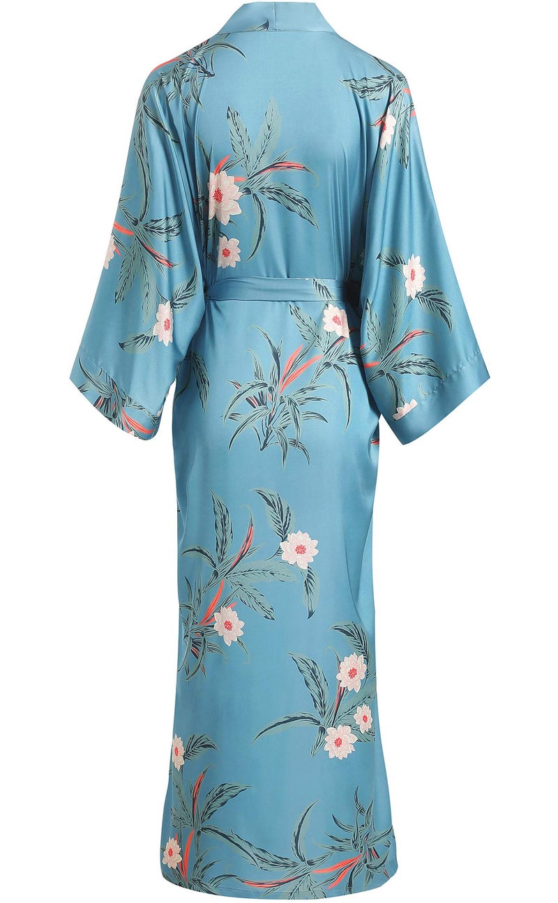 Aensso long soft silk y kimono robes for women,floral lightweight bridal bridesmaid robe for wedding party-Blue - Image 2