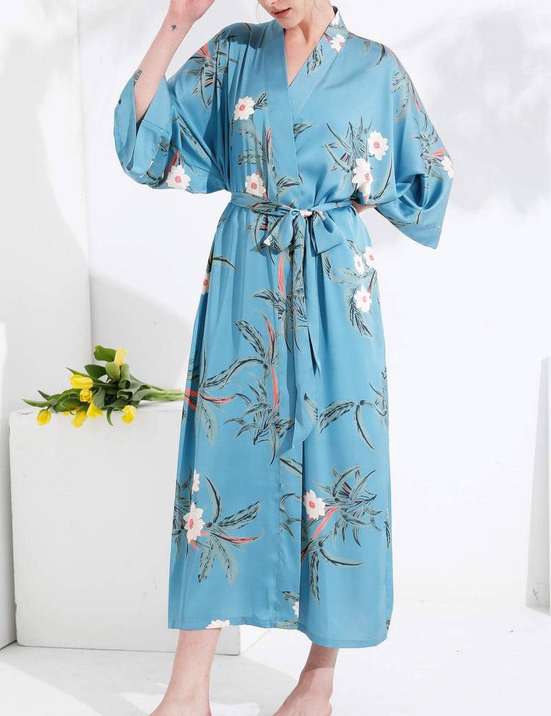 Aensso long soft silk y kimono robes for women,floral lightweight bridal bridesmaid robe for wedding party-Blue - Image 4