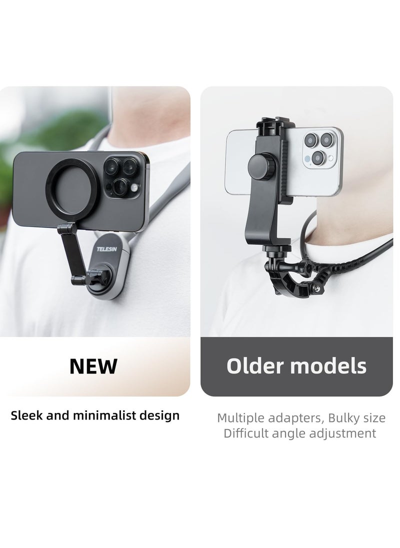 Excefore - Magnetic Neck Mount for Phones, Neck Cell Phone Holder POV/Vlog Selfie Mount Hand Free Phone Neck Holder Chest Stand Strap Video Recording for iPhone 15 14 13 12 Seires Android Phones, Grey - Image 1