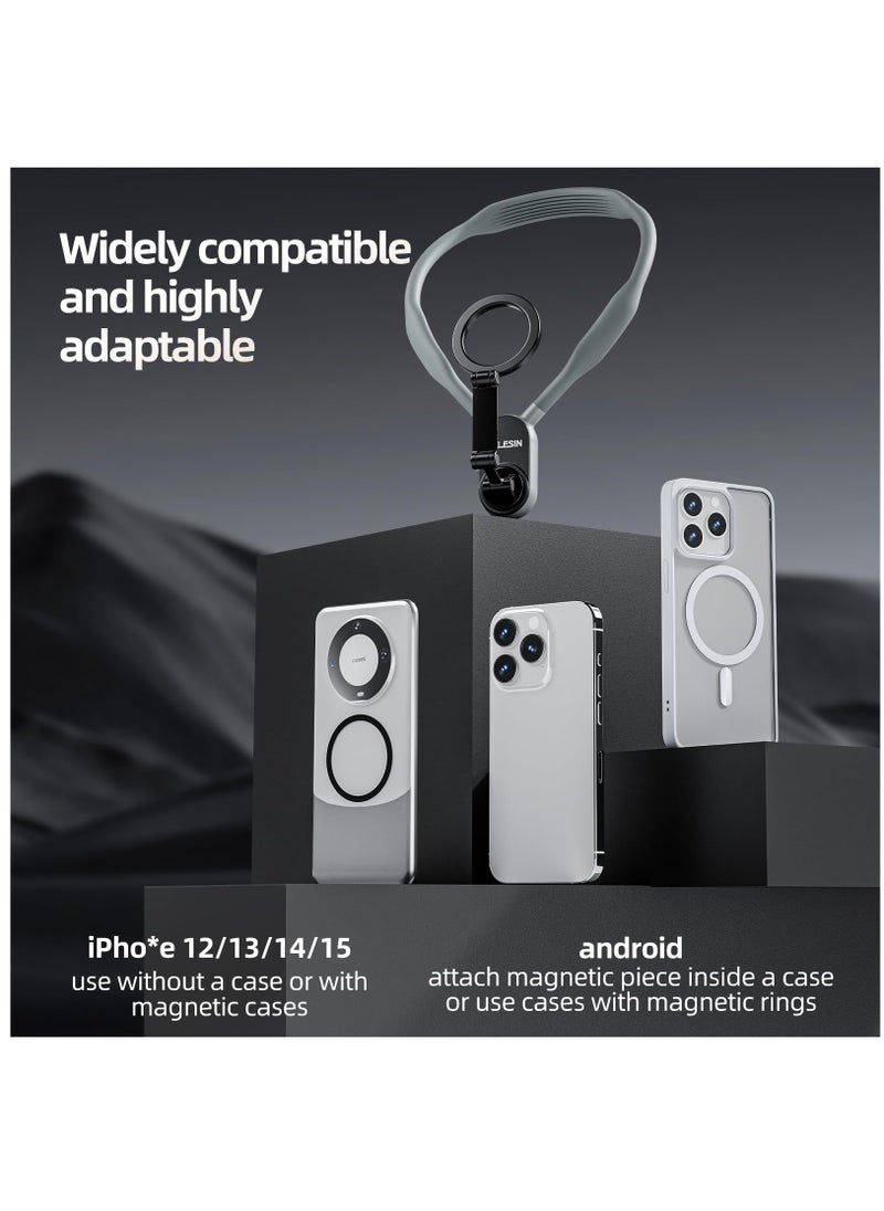 Excefore - Magnetic Neck Mount for Phones, Neck Cell Phone Holder POV/Vlog Selfie Mount Hand Free Phone Neck Holder Chest Stand Strap Video Recording for iPhone 15 14 13 12 Seires Android Phones, Grey - Image 1