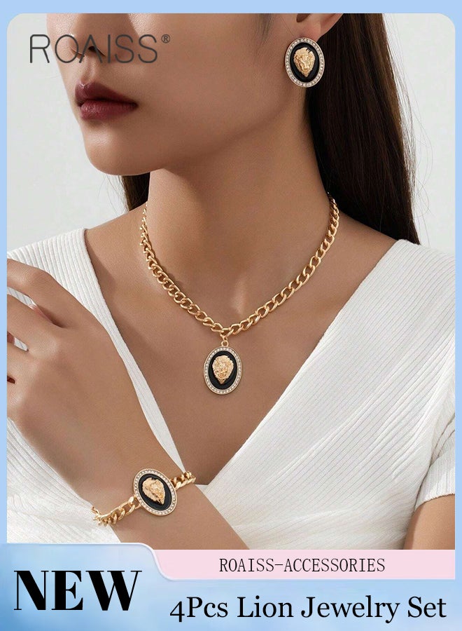 roaiss 4 Pcs Fashion Lion Head Jewelry Set, Oval Lion Head Pendant Necklace, Earrings and Bracelet with Rhinestone Decoration,Wedding Party Dance Jewelry Accessories，As Gift for Women - Image 1