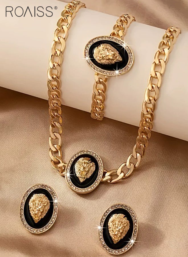 roaiss 4 Pcs Fashion Lion Head Jewelry Set, Oval Lion Head Pendant Necklace, Earrings and Bracelet with Rhinestone Decoration,Wedding Party Dance Jewelry Accessories，As Gift for Women - Image 2