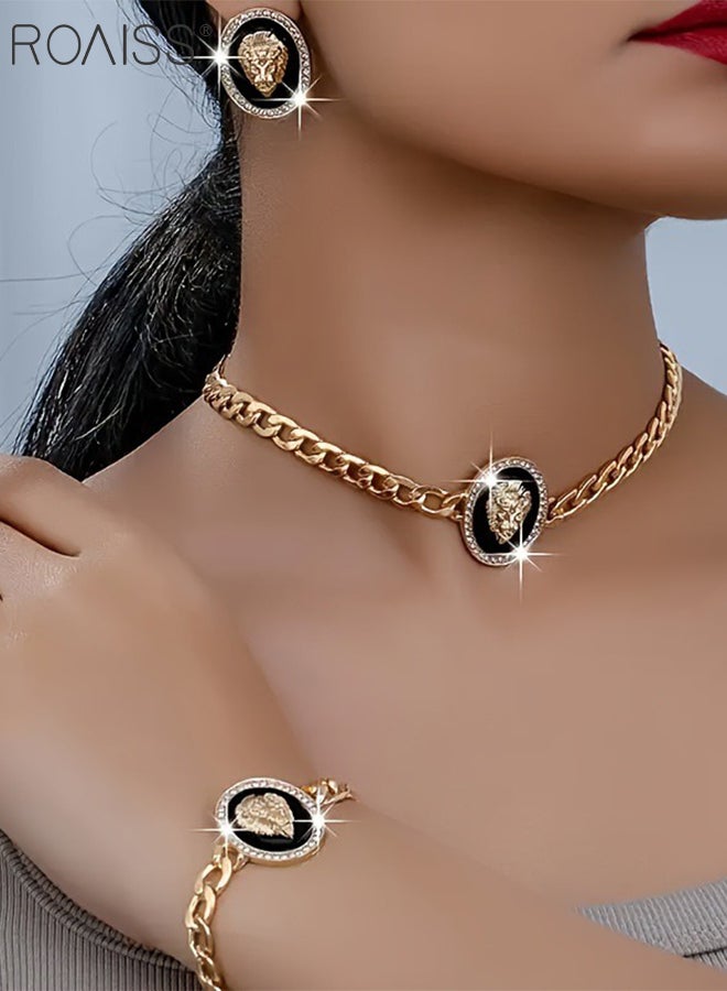 roaiss 4 Pcs Fashion Lion Head Jewelry Set, Oval Lion Head Pendant Necklace, Earrings and Bracelet with Rhinestone Decoration,Wedding Party Dance Jewelry Accessories，As Gift for Women - Image 5