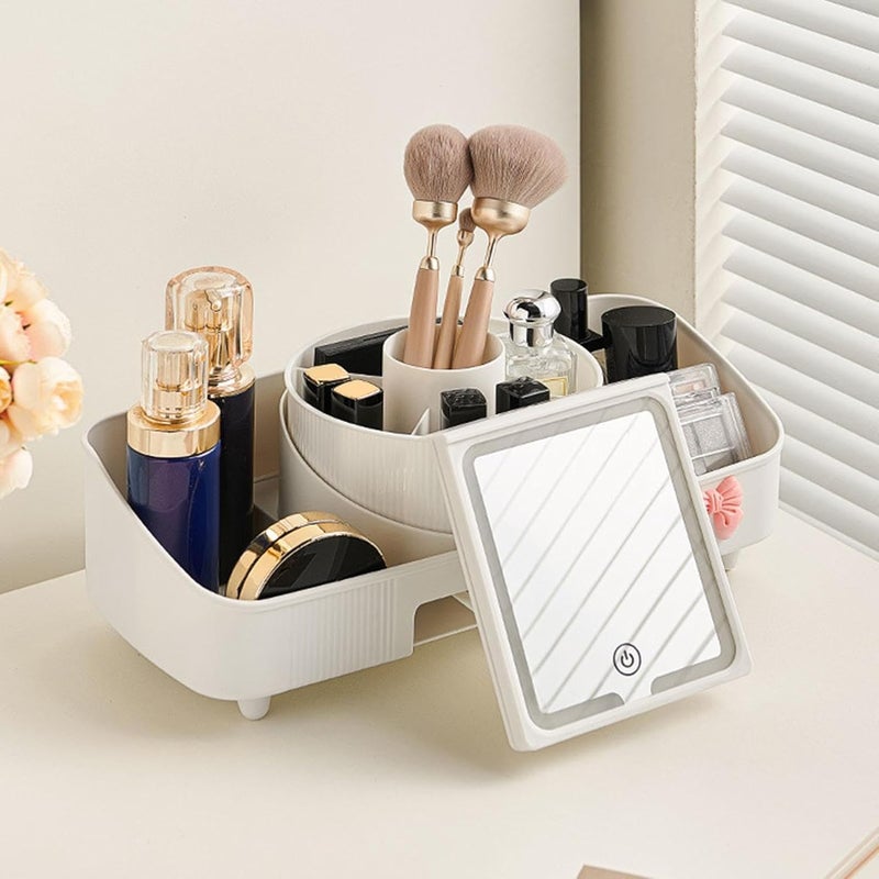 Furret Countertop Cosmetic Box Large Capacity Cosmetic Storage Box with MirrorRotating Barrel Attached MultiFunctional Cosmetic Case for Cosmetic Brushes Elegant Look