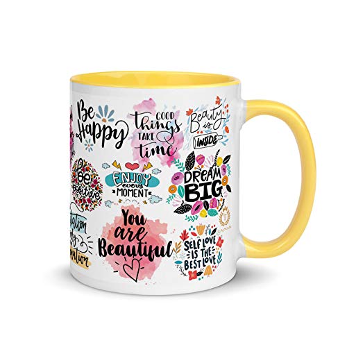 TAJNAN “Good Vibes Only” Inspirational Quote Mug – 11oz Yellow Ceramic Coffee Cup with Floral Art & Motivational Messages 11oz Colorful Ceramic Coffee Cup for Daily Positivity & Self-Esteem Boost - Image 2