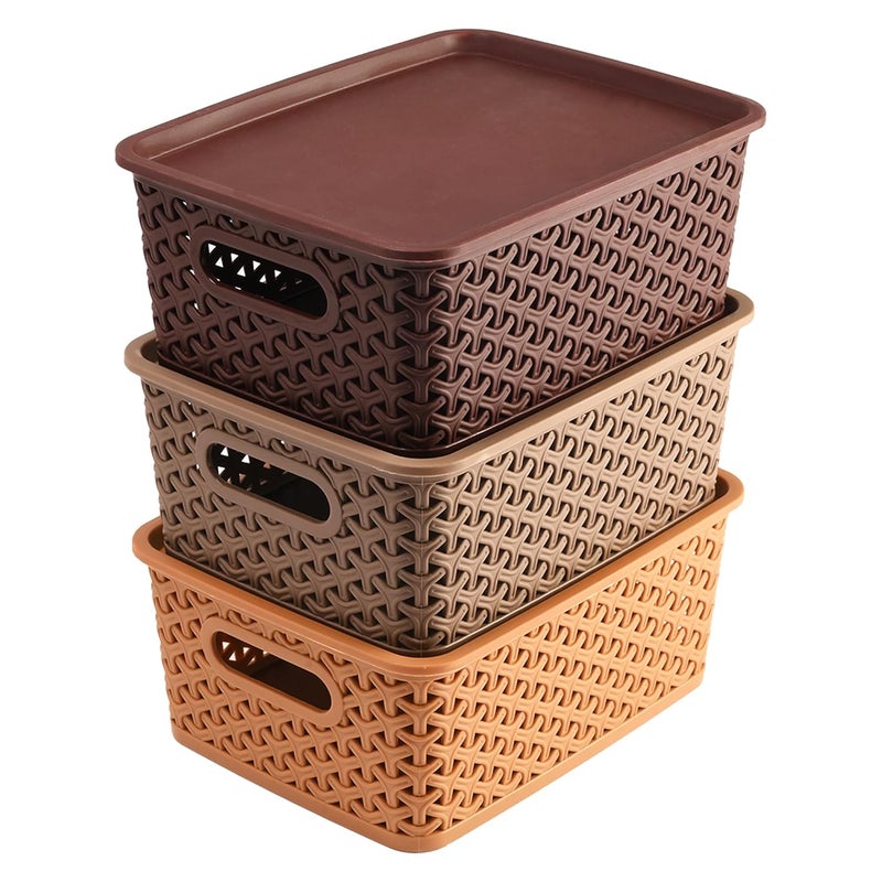 Kuber Industries Kuber Industries Plastic 3 Pieces Extra Small Size Multipurpose Solitaire Storage Basket With Lid (Multicolour) - Ctktc023261, Standard, Brown, Rectangular - Image 1