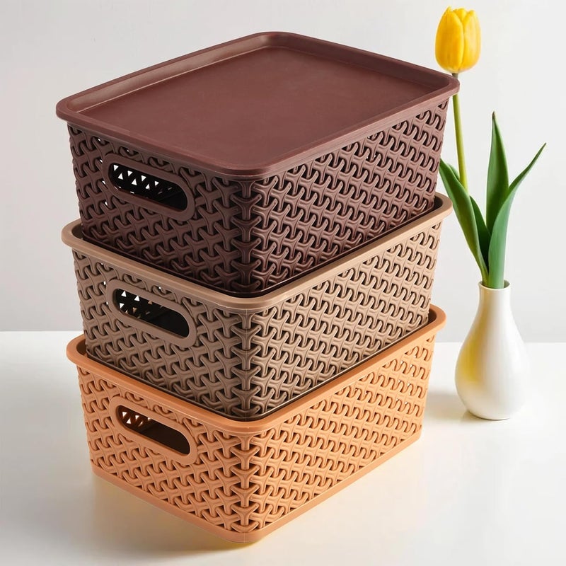Kuber Industries Kuber Industries Plastic 3 Pieces Extra Small Size Multipurpose Solitaire Storage Basket With Lid (Multicolour) - Ctktc023261, Standard, Brown, Rectangular - Image 2