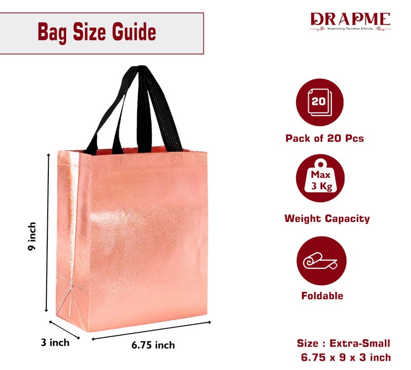 Drapme Extra-Small Size Pack of 20 Pcs Glossy Metallic Laminated Non-Woven Reusable Eco-Friendly Party Return Gift Bags (Rose Gold) (Extra-Small 6.75x9x3 Inch) - Image 2