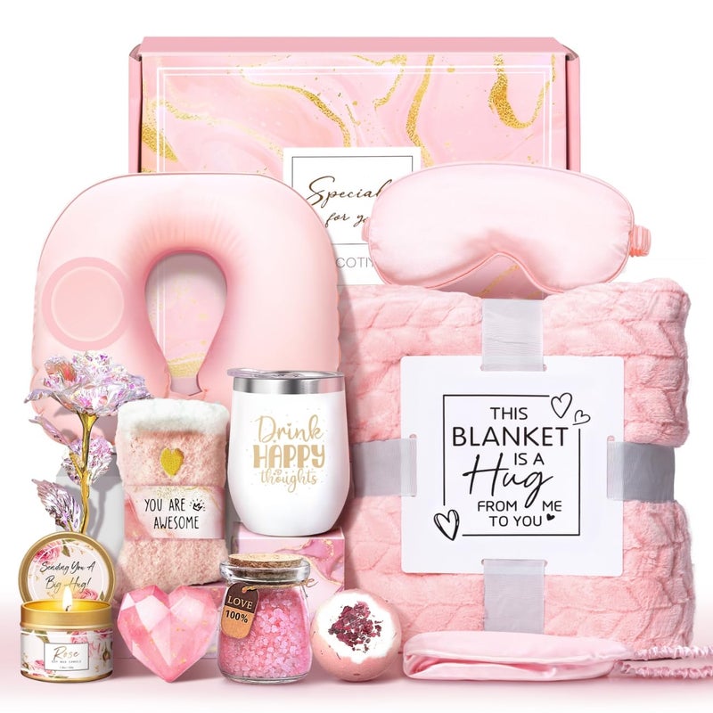 LUCOTIYA Birthday Gifts for Women Self Care Gifts Get Well Soon Gifts for Women,Relaxing Spa Gifts Basket w/Flannel Blanket Traveling Pillow Care Package christmas Birthday Gifts Idea for Mom Her Wife Friends - Image 1