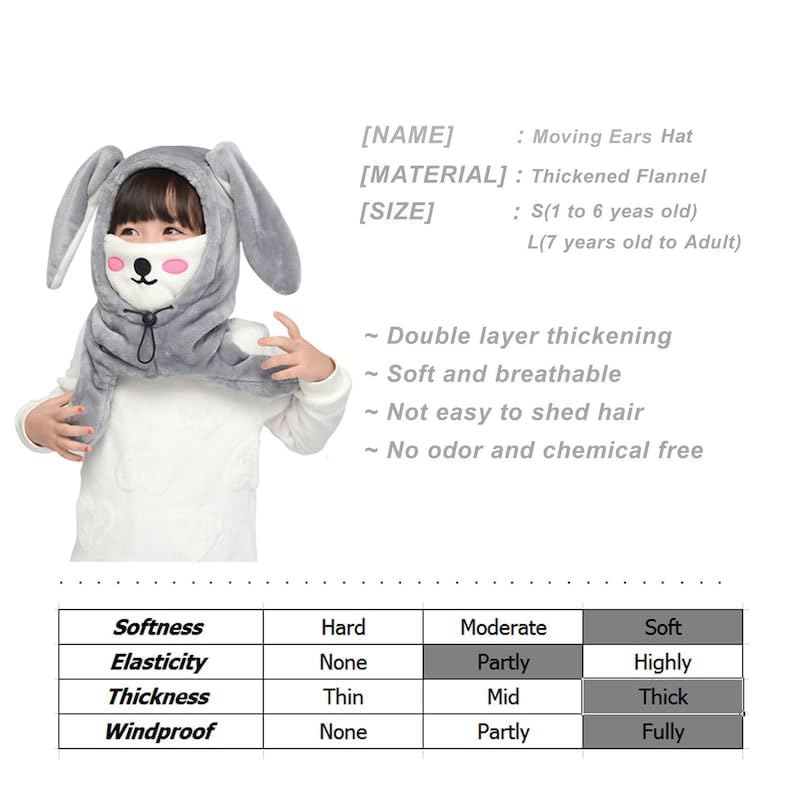 Richmen Cute Bunny Hat for Kids Winter Thick Hat and Scarf Set Moving Ears Balaclava for Boys Girls Beanie Mask Rabbit Hats 3 in 1 Winter hat (4-16 Years) - Image 3