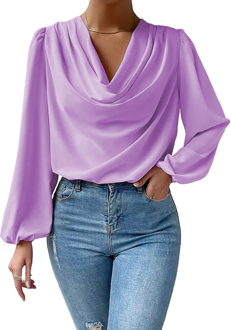 2024 Elegant Chiffon Lantern Sleeve Blouse for Women Purple - Image 1