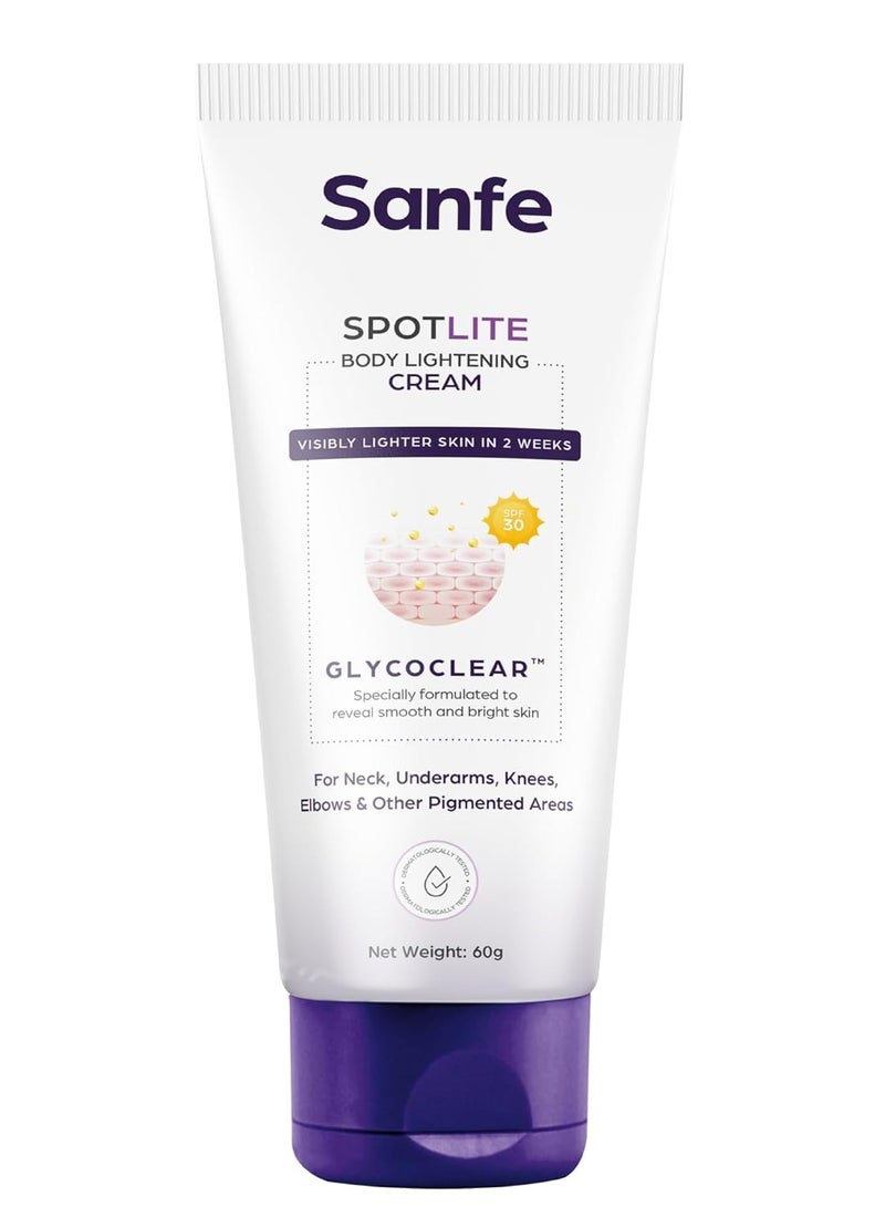 Sanfe Spotlite Body Cream Dark Neck Joints Skinfolds 3% Lactic Acid Retinol SPF 15 Detanning Anti Aging Tightening 60gm - Image 1