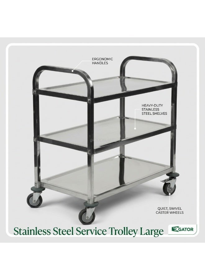 Gator 3-Tier Rolling Utility Cart | Service Trolley Suitable For Kitchens, Catering Halls, Food Service, Hotels, & Homes | 360-Degree Rotating Lockable Swivel Wheels | Stainless Steel | Large - Image 2