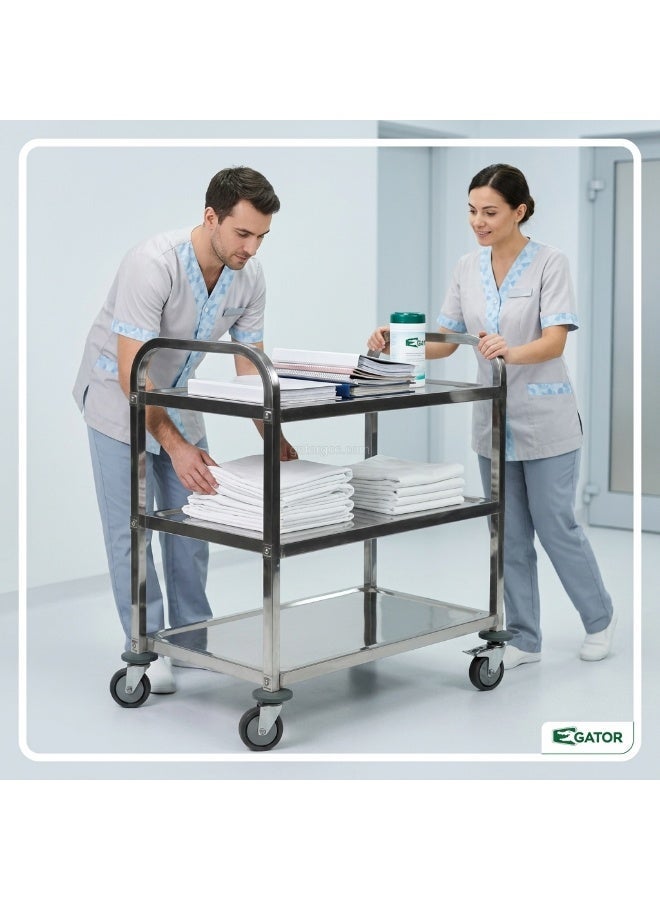 Gator 3-Tier Rolling Utility Cart | Service Trolley Suitable For Kitchens, Catering Halls, Food Service, Hotels, & Homes | 360-Degree Rotating Lockable Swivel Wheels | Stainless Steel | Large - Image 4