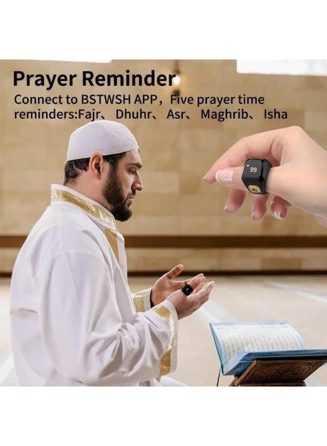 Smart Tasbeeh Ring with OLED Display, , Prayer Reminder, Type-C Fast Charging, Mobile App  Cloud Sync – Black - Image 3