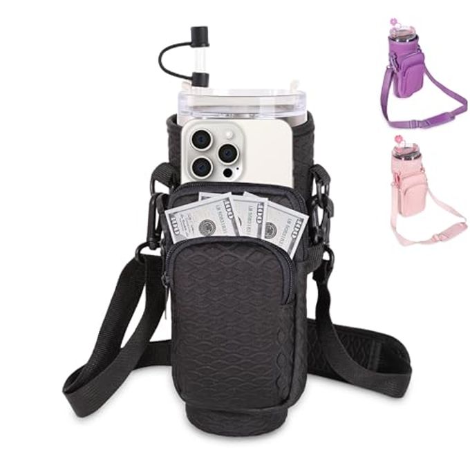 &And Per Se Per Se Neoprene Water Bottle Carrier Bag for Stanley 40oz Tumbler, Crossbody Sling with Phone Pocket & Detachable Strap, Adjustable Shoulder Holder Pouch with Charm, for Gym Travel(Black) - Image 1