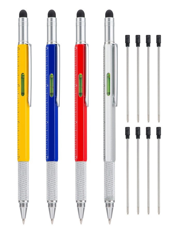 Wikult 4 Pack Multitool Pen with Extra Refills Set, 6 in 1 Multitool Pen with Ruler & Levelgauge, Multifunctional Metal Ballpoint Pen, Cool Gadget for Men, Gift for Husband Dad Father (Assorted Colors) - Image 4