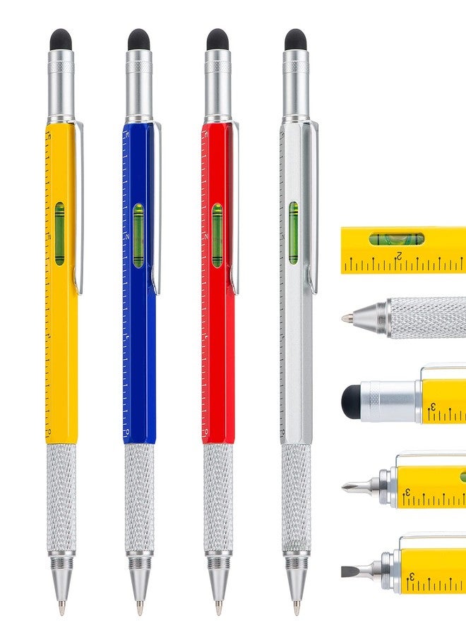 Wikult 4 Pack Multitool Pen with Extra Refills Set, 6 in 1 Multitool Pen with Ruler & Levelgauge, Multifunctional Metal Ballpoint Pen, Cool Gadget for Men, Gift for Husband Dad Father (Assorted Colors) - Image 1