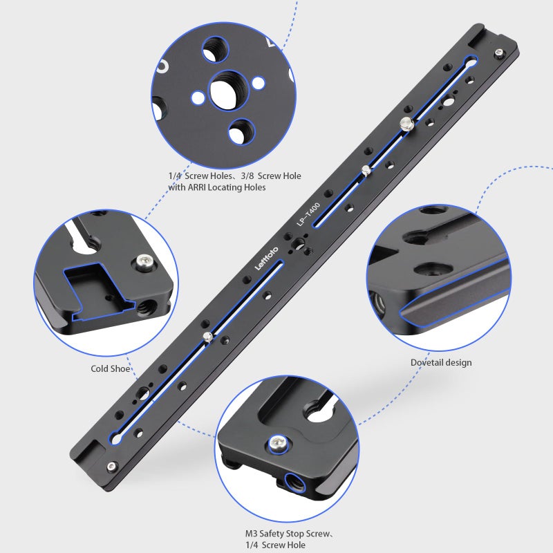 LEFTFOTO 400mm Lengthened Quick Release Double Dovetail Slide Rail Universal QR Plate, with ARRI Locating Hole, 1/4" & 3/8" Threads, Cold Shoe - for DSLR Camera Tripod Ballhead - Image 3
