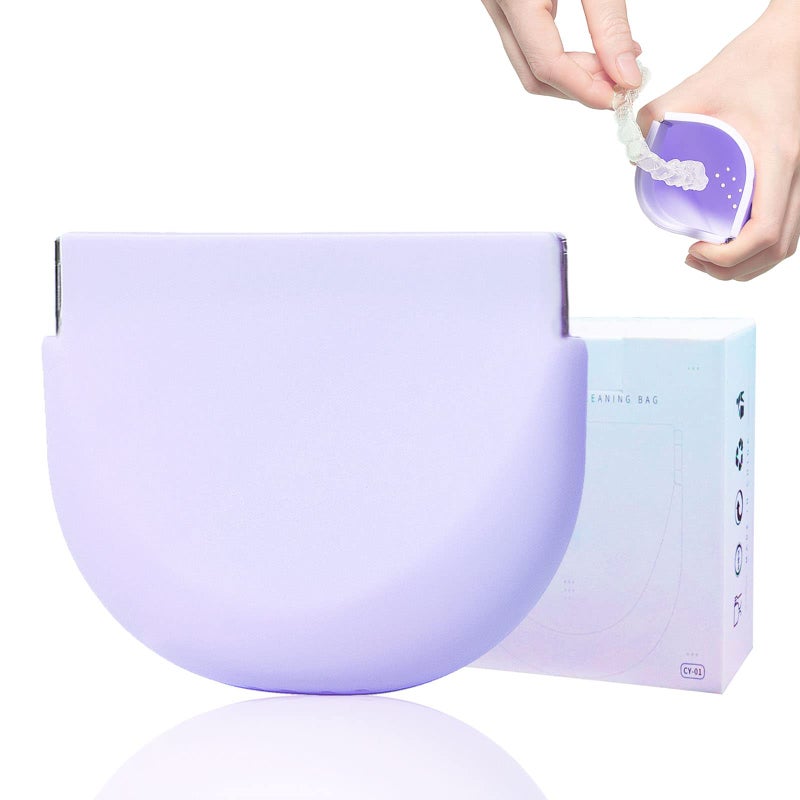 onbuwws Cute RetainerCase Silicone with Lanyard Slim Retainer Holder Dental Thin Container Braces Case for Girl Women Kids Men Travel Partial Denture Night Mouth Guard Aligner Purple