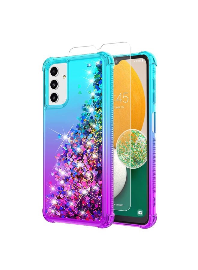 YZOK for Samsung Galaxy A13 5G Case,Galaxy A13 5G Case,with HD Screen Protector,Gradient Quicksand Glitter Liquid Floating Waterfall Durable Girls Cute Phone Case for Samsung A13 5G (Teal/Purple) - Image 1