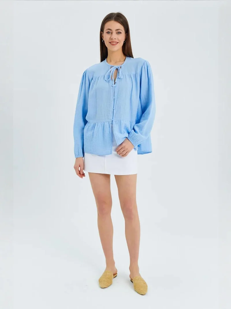 MixRay Mixray Long Sleeve Relaxed Fit Blouse with Tie-Neck