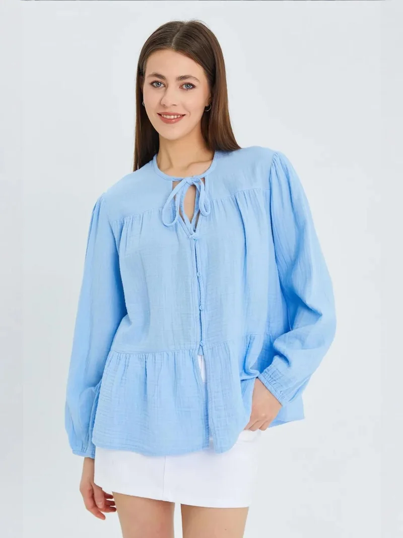MixRay Mixray Long Sleeve Relaxed Fit Blouse with Tie-Neck
