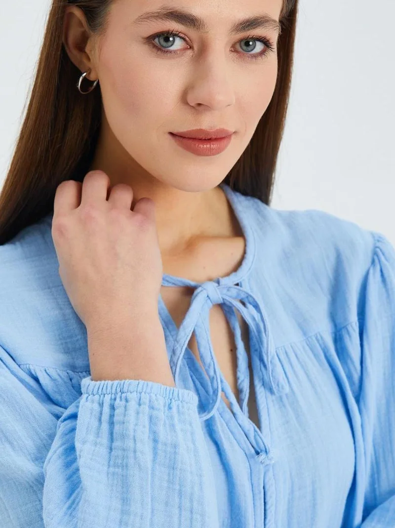 Mixray Baby Blue Mixray Long Sleeve Relaxed Fit Blouse with Tie-Neck for Women | Best Price UAE