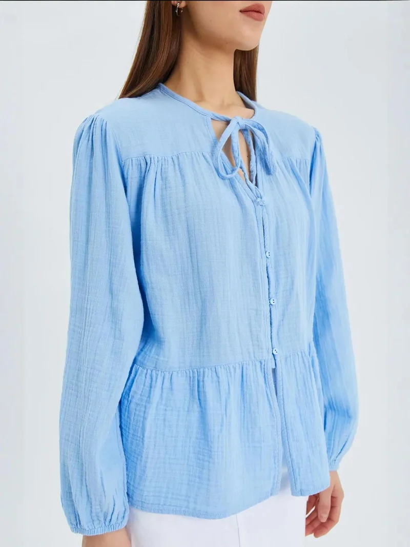 Mixray Baby Blue Mixray Long Sleeve Relaxed Fit Blouse with Tie-Neck for Women | Best Price UAE