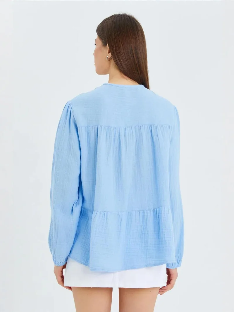 Mixray Baby Blue Mixray Long Sleeve Relaxed Fit Blouse with Tie-Neck for Women | Best Price UAE