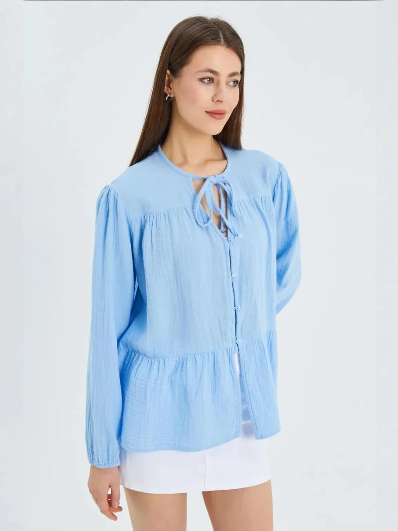 Mixray Baby Blue Mixray Long Sleeve Relaxed Fit Blouse with Tie-Neck for Women | Best Price UAE