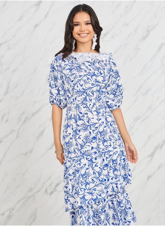 Styli - All Over Print Lace Neck Layer Tiered Midi Dress - Image 1