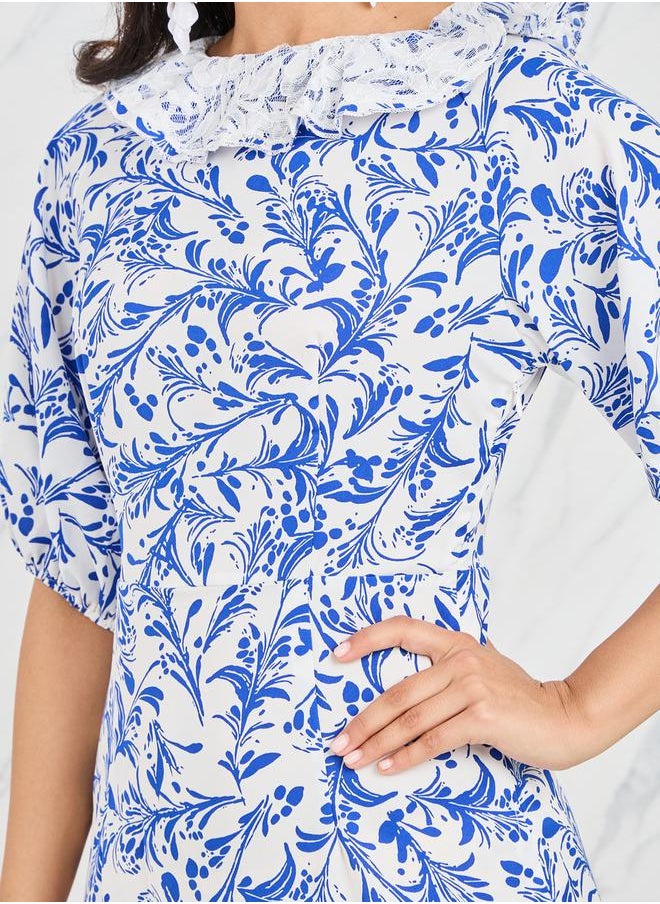 Styli - All Over Print Lace Neck Layer Tiered Midi Dress - Image 1