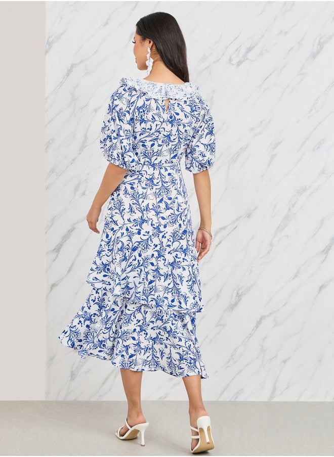 Styli - All Over Print Lace Neck Layer Tiered Midi Dress - Image 1