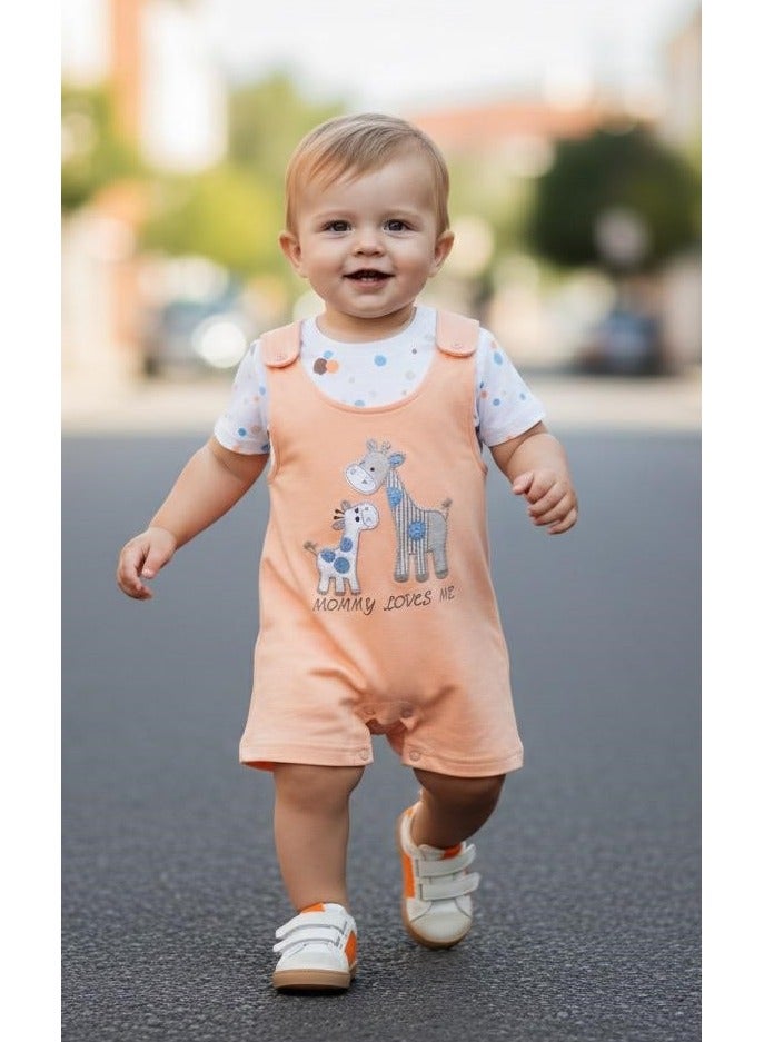 ANDRINA Newborn Baby Boy Set - Polka Dot Shirt with Orange Embroidered Romper - Image 1