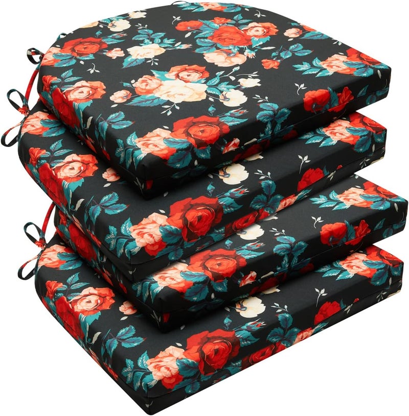 downluxe Outdoor Chair Cushions Set of 4 for Patio Furniture, Water-Resistant Patio Chair Cushions with Ties, High Density Foam Outdoor Seat Cushion, 17" X 16" X 2", Elegant Rose - Image 1
