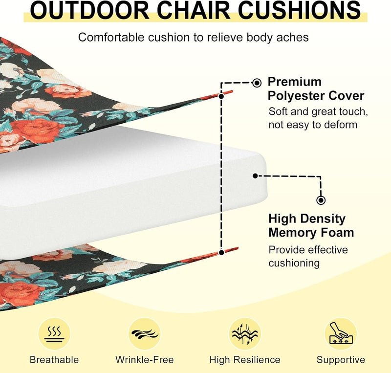 downluxe Outdoor Chair Cushions Set of 4 for Patio Furniture, Water-Resistant Patio Chair Cushions with Ties, High Density Foam Outdoor Seat Cushion, 17" X 16" X 2", Elegant Rose - Image 2
