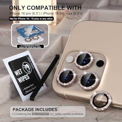 Choiche Compatible for iPhone 16 Pro/iPhone 16 Pro Max Camera Lens Protector Bling, 9H Tempered Glass Camera Cover Screen Protector Metal Ring Decoration Accessories(Glitter-Titanium Desert) - Image 2