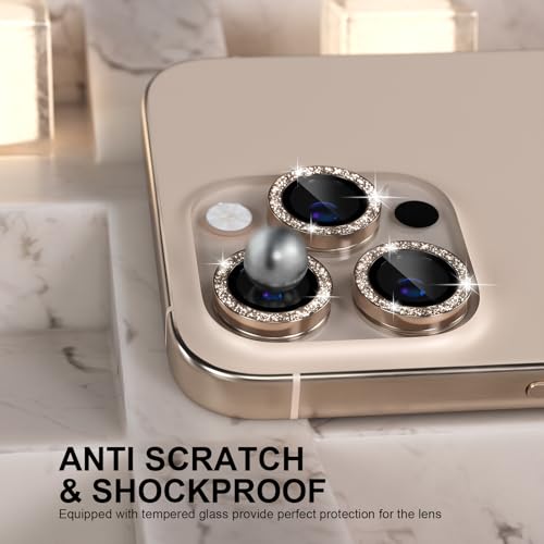 Choiche Compatible for iPhone 16 Pro/iPhone 16 Pro Max Camera Lens Protector Bling, 9H Tempered Glass Camera Cover Screen Protector Metal Ring Decoration Accessories(Glitter-Titanium Desert) - Image 3
