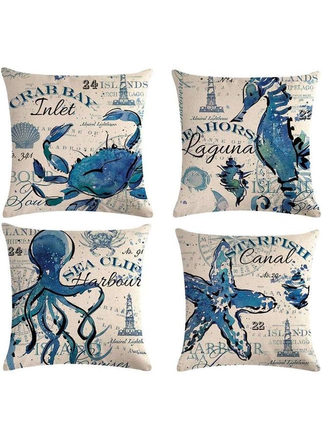 yongsheng Sea Throw Pillow Covers Only Ocean Theme -Starfish-Crab Pattern Beach House Decorative Cushion Cover Coastal Pillowcases 18”×18”,4Pack  - Image 1