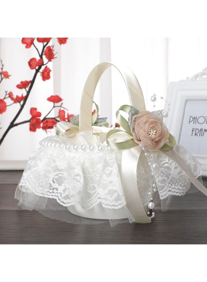 fantasize Wedding Flower Girl Basket, White Handmade Beaded Ribbon and French Lace Wedding Flower Basket, Beaded Ribbon Basket with Silk Roses and Pearls for Wedding Party Decoration - Image 3