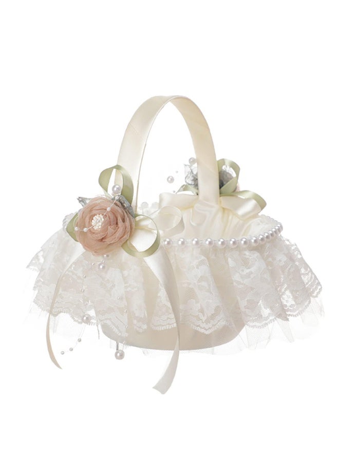 fantasize Wedding Flower Girl Basket, White Handmade Beaded Ribbon and French Lace Wedding Flower Basket, Beaded Ribbon Basket with Silk Roses and Pearls for Wedding Party Decoration - Image 1