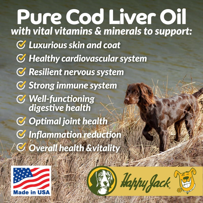 Happy Jack Cod Liver Fish Oil for Dogs Skin and Coat Supplement, Brain, Eyes, Bones, Hip, Joint, Heart & Immune System Health, Energy Booster (16 oz), Omega 3 with EPA & DHA, Vitamin A & D - Image 2