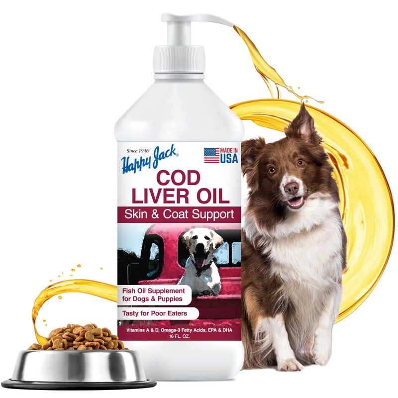 Happy Jack Cod Liver Fish Oil for Dogs Skin and Coat Supplement, Brain, Eyes, Bones, Hip, Joint, Heart & Immune System Health, Energy Booster (16 oz), Omega 3 with EPA & DHA, Vitamin A & D - Image 1