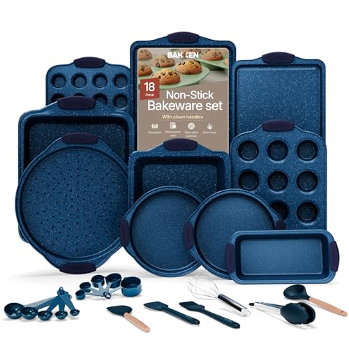 BAKKENMASTER BAKKEN Kitchen Baking Pan Set - Nonstick Coating, Carbon Steel Bakeware Sets with Blue Silicone Handles, Baking Kitchen Essentials, PFOA, PFOS, PTFE Free, Oven Safe Tray (Up To 450° F), Set of 18 - Image 1