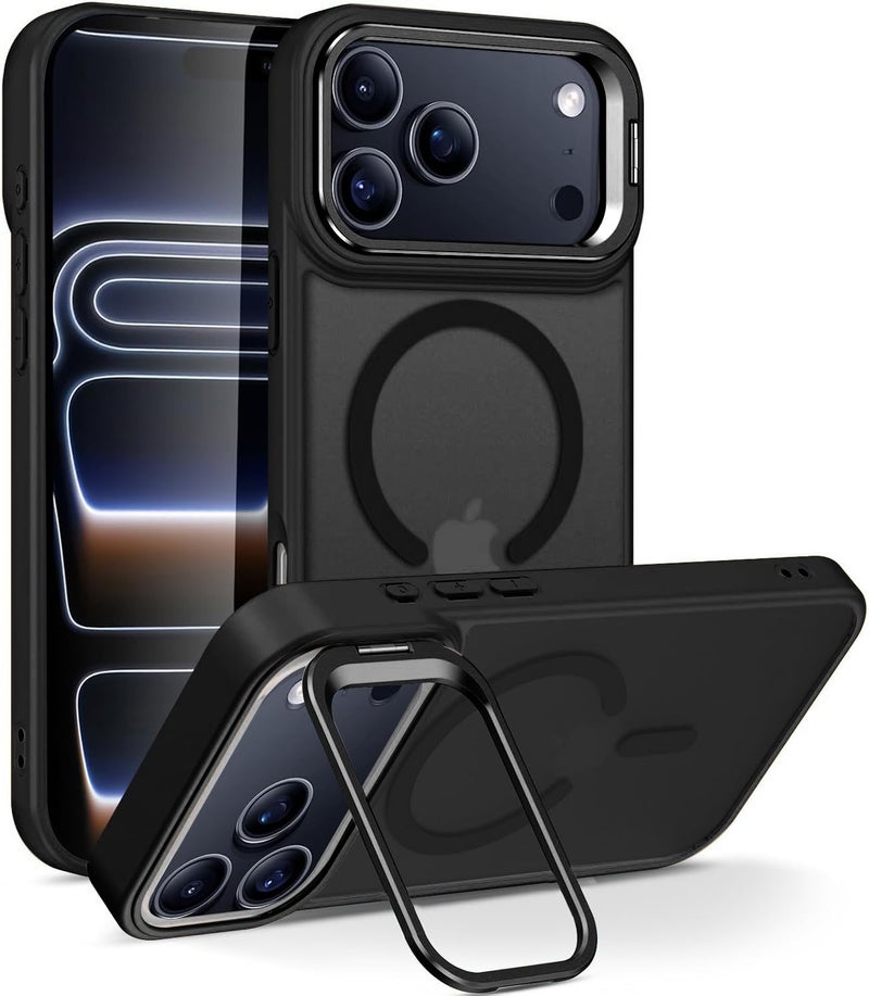 Elzzi Translucent Matte Kickstand Case for iPhone 17 Pro Max, Built-in Adjustable Camera Stand, Translucent Matte Magnetic Mag-Safe Shockproof Phone Cover (Black new) - Image 1