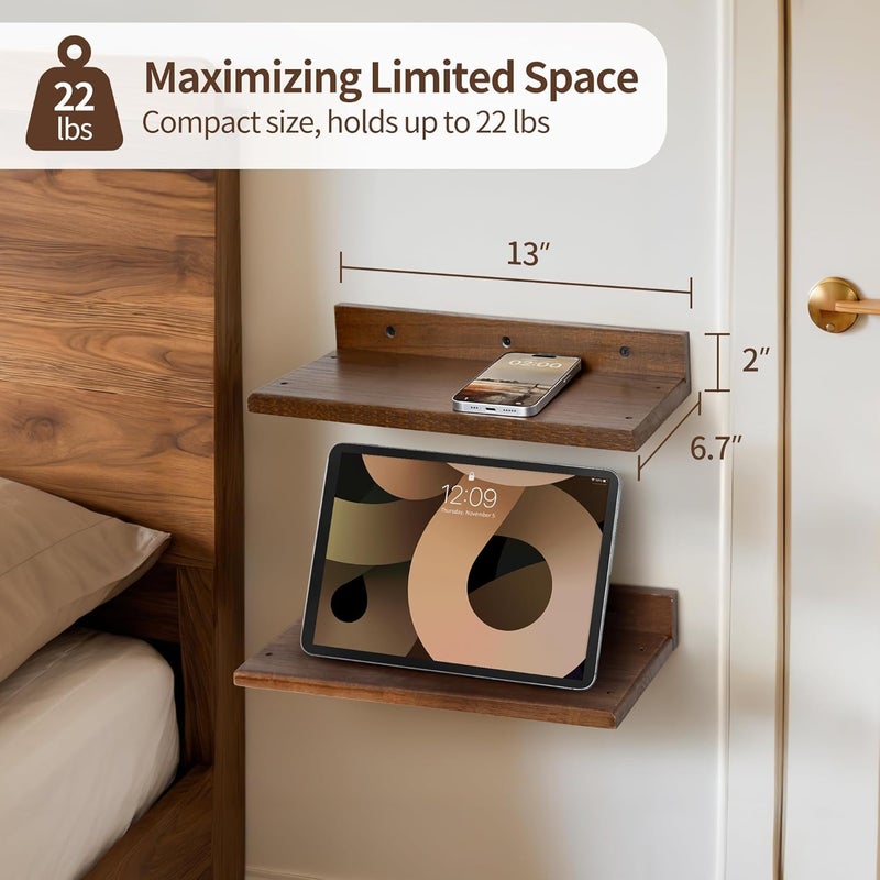 carpentray Wooden Floating Shelves for Bedroom Set of 2 Small Walnut Color Wall Mounted Nightstands Wooden Hanging Shelf for Bathroom Kitchen Plant Storage and Decor - Image 2