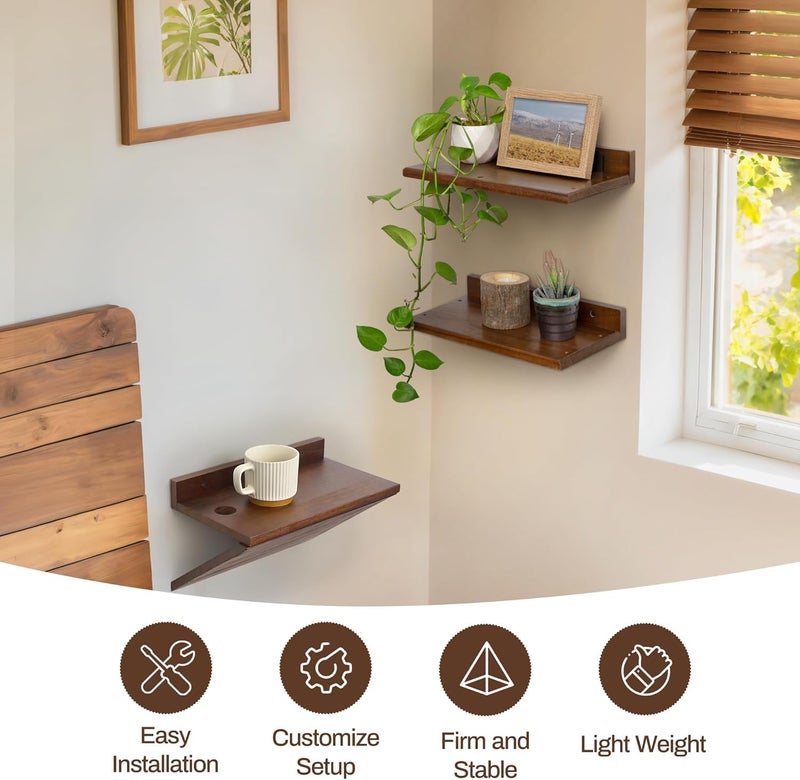 carpentray Wooden Floating Shelves for Bedroom Set of 2 Small Walnut Color Wall Mounted Nightstands Wooden Hanging Shelf for Bathroom Kitchen Plant Storage and Decor - Image 4